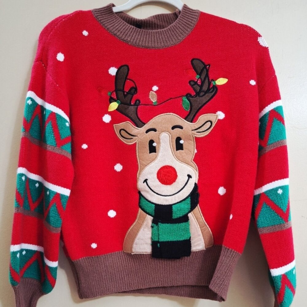 Christmas  Womens  Sz Small Sweater Reindeer Lights Applique Red Holiday Knit - Picture 5 of 8